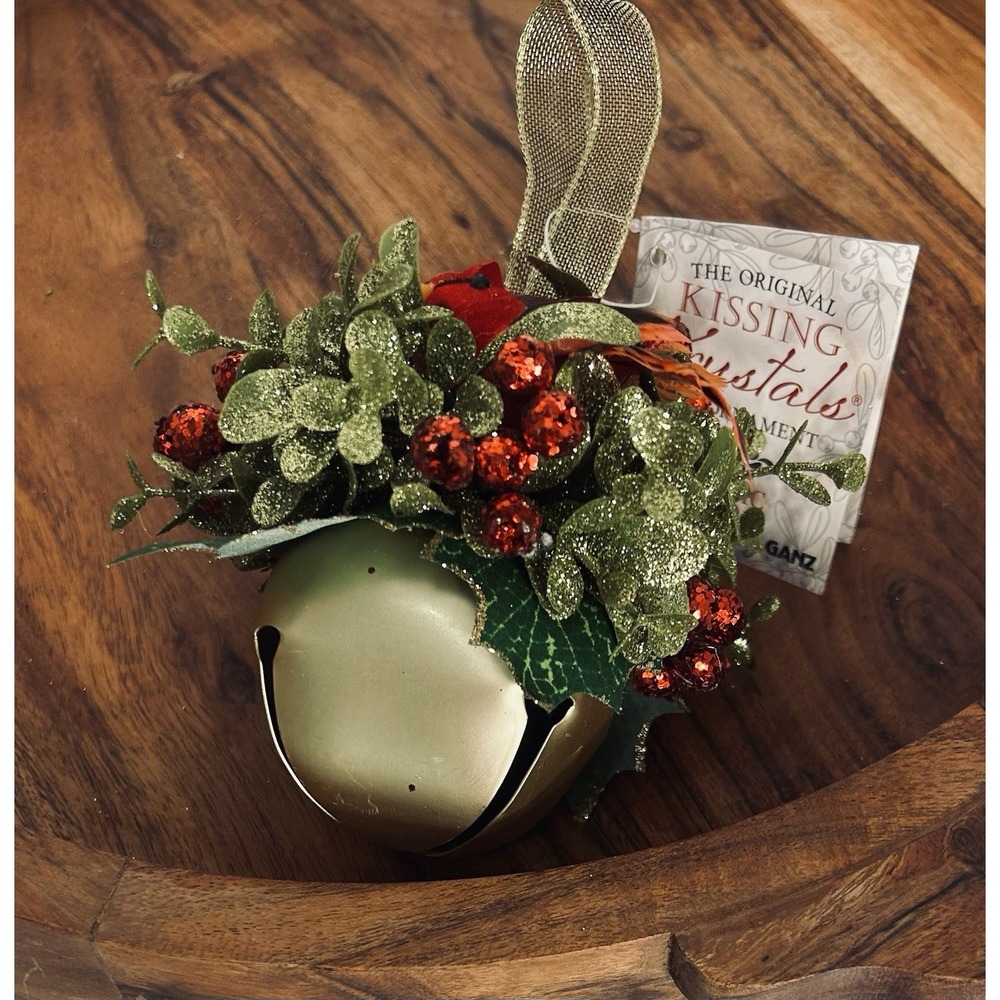 Ganz Kissing Krystal Hanging‎ Mistletoe Ornament Classic Gold Bell Cardinal